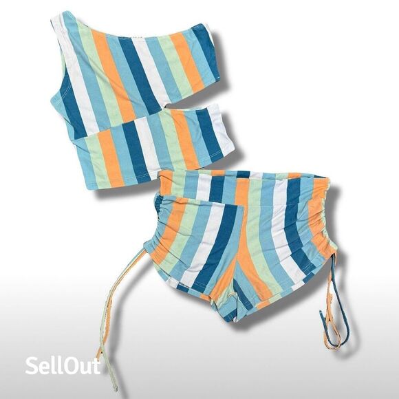 Full Circle Trends Women's Striped Outfit Size L Off-Shoulder High-Waist Set - Picture 1 of 9